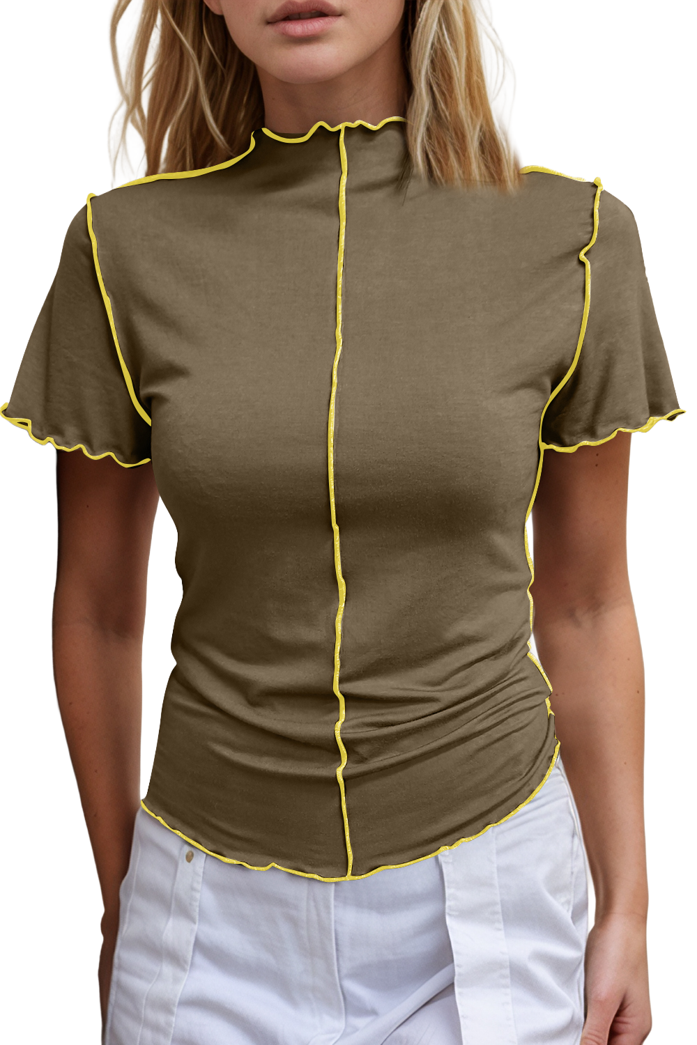 Basic Bae Contrast Trim Mock Neck Short Sleeve T-Shirt