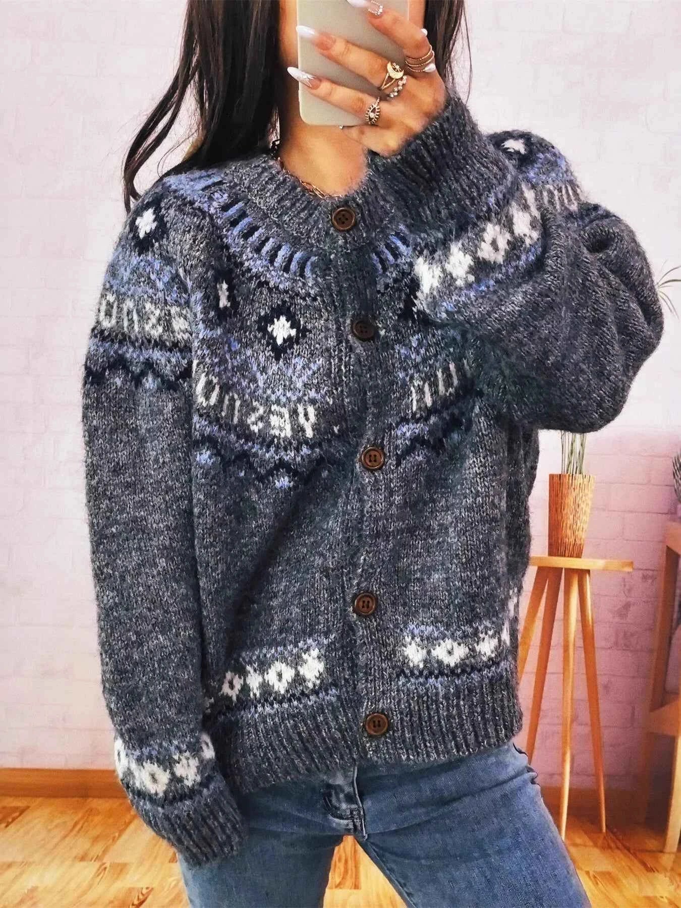 Geometric Pattern Button Up Long Sleeve Cardigan
