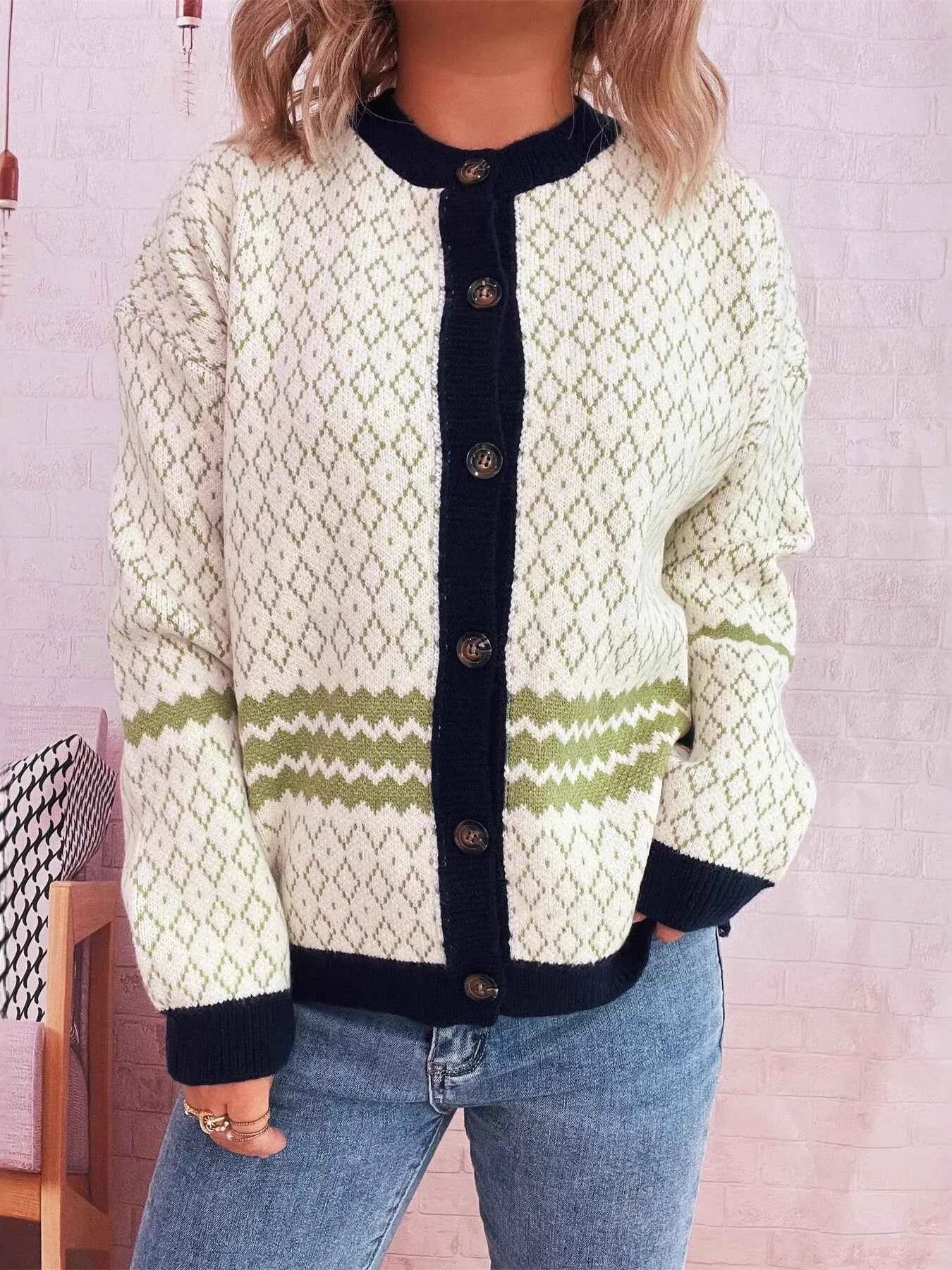 Geometric Pattern Button Up Cardigan
