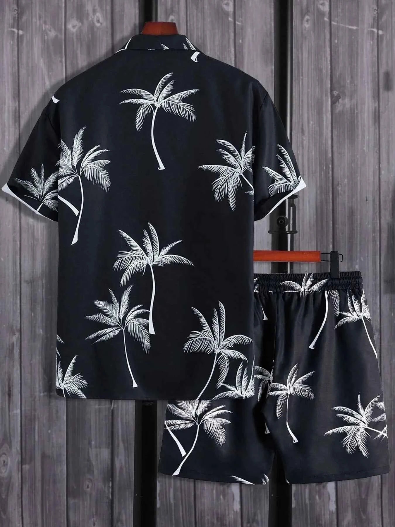Men's Full Size Palm Print Button Up Shirt and Shorts Set Plus Size