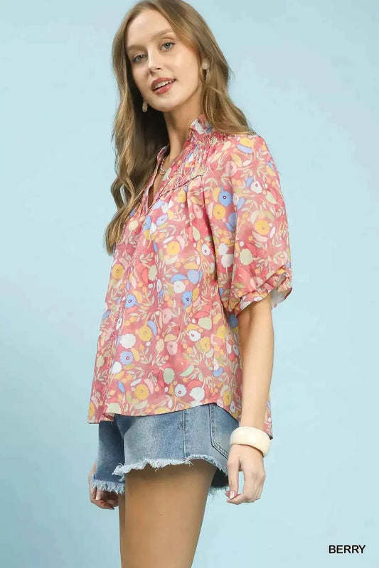 Umgee Smocked Floral Ruffle Trim Top