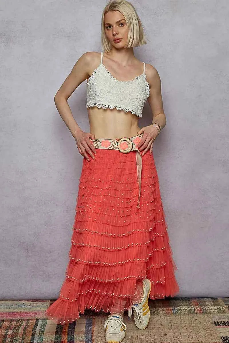 POL Tiered Ruffle Maxi Skirt with Pearl Decorative
