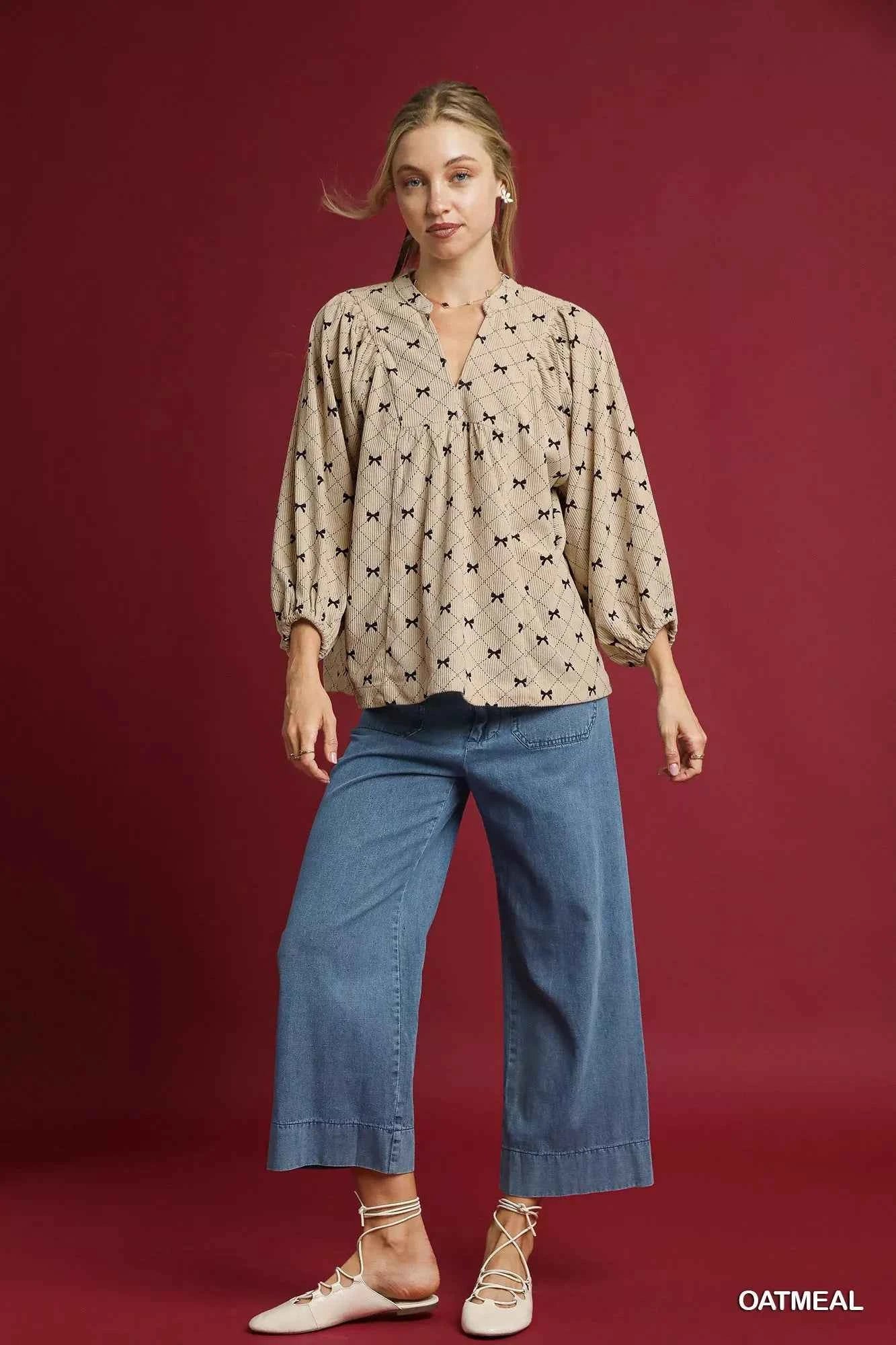 Umgee Corduroy Bow Print Balloon Sleeve Blouse