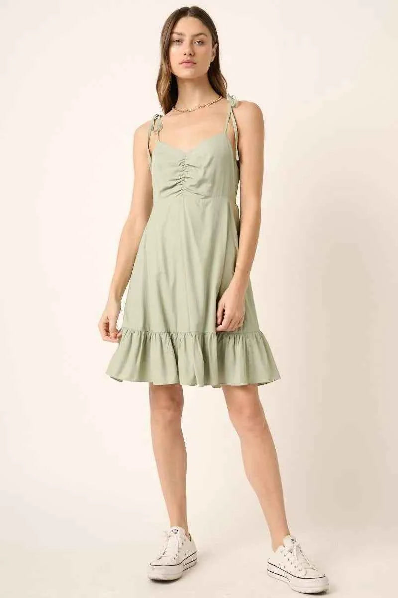 Mittoshop Ruched Detail Spaghetti Tie Mini Dress