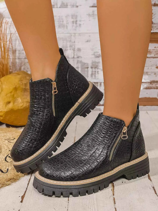 Round Toe Side Zip Ankle Boots