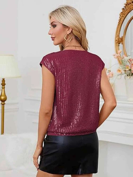 V-Neck Sequin Cap Sleeve Top