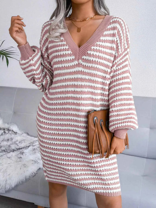 Striped V-Neck Long Sleeve Sweater Dress