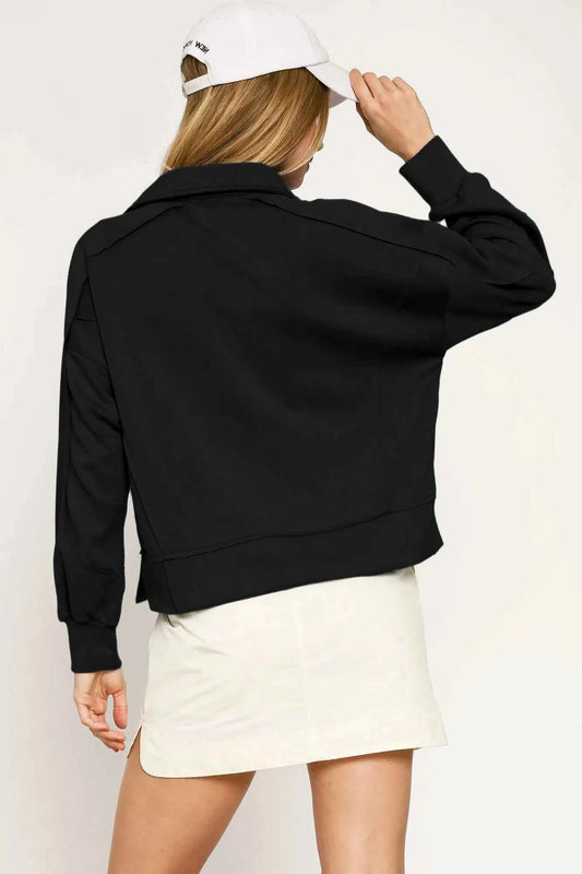Umgee Collared Neck Long Sleeve Top with Raw Hem Detail