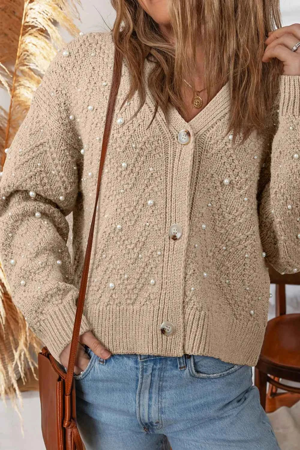 Pearl Embellished Button Front V Neck Sweater Cardigan