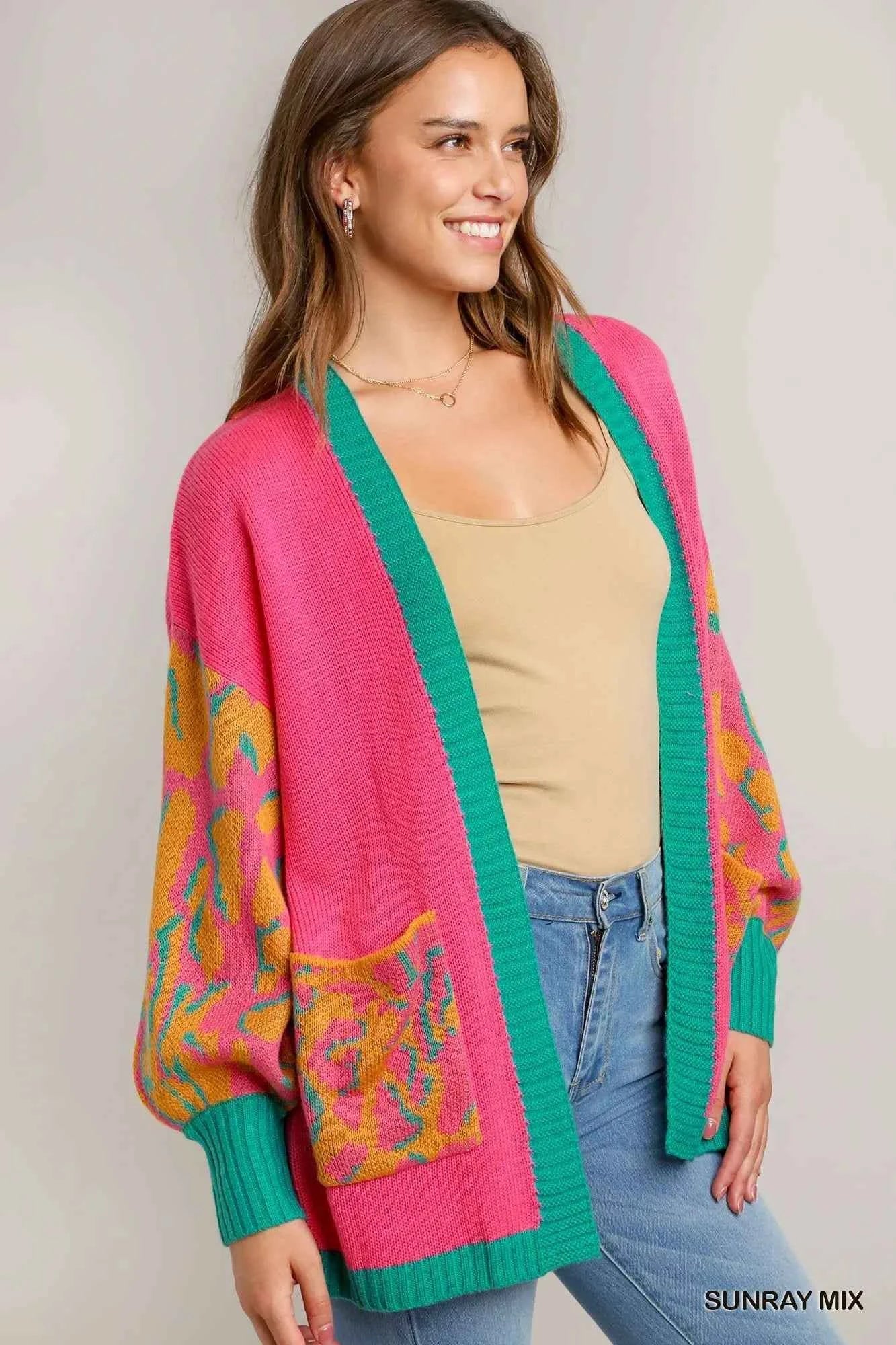 Umgee Animal Print Open Front Sweater Cardigan