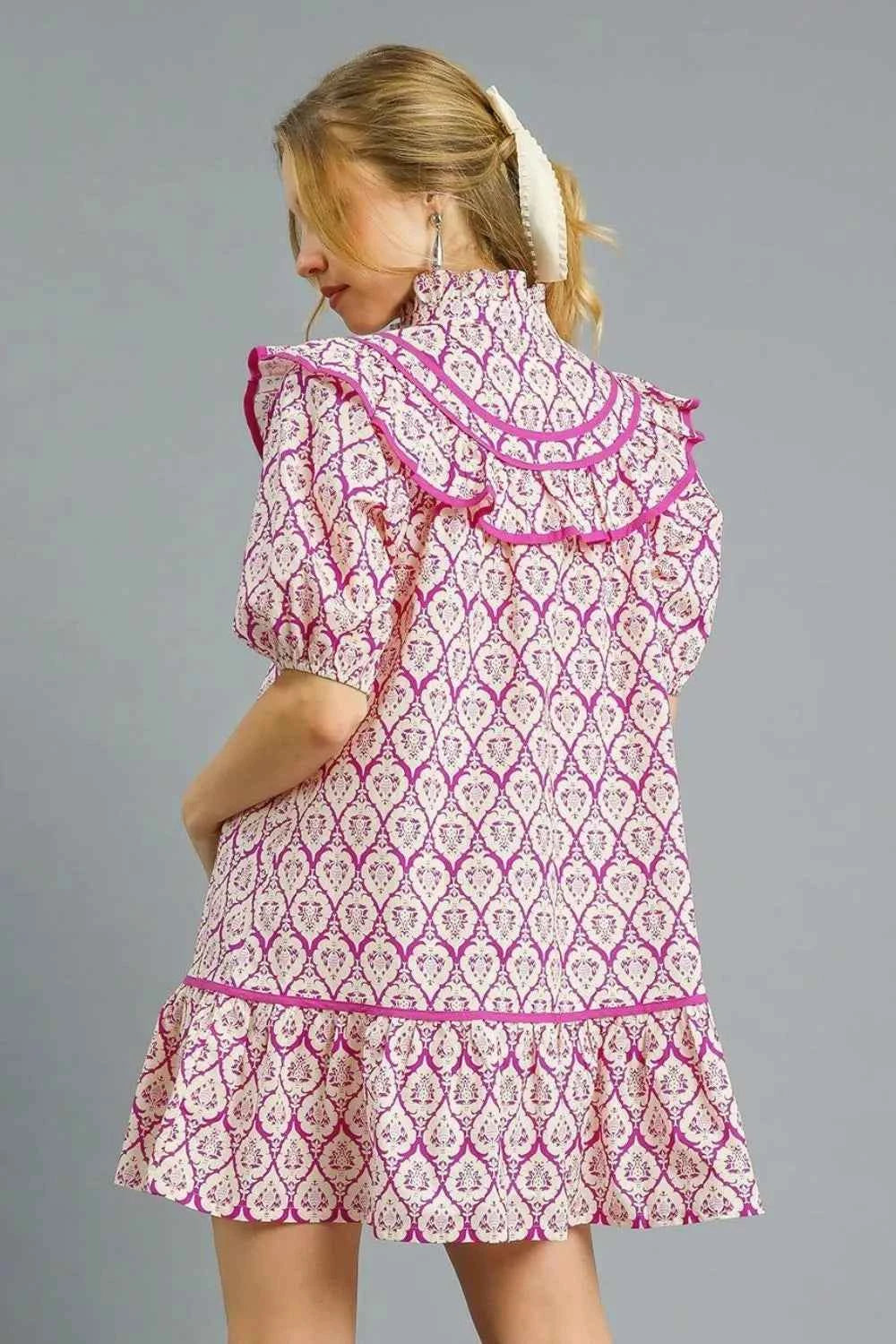 Umgee Ruffled Printed Puff Sleeve Mini Dress