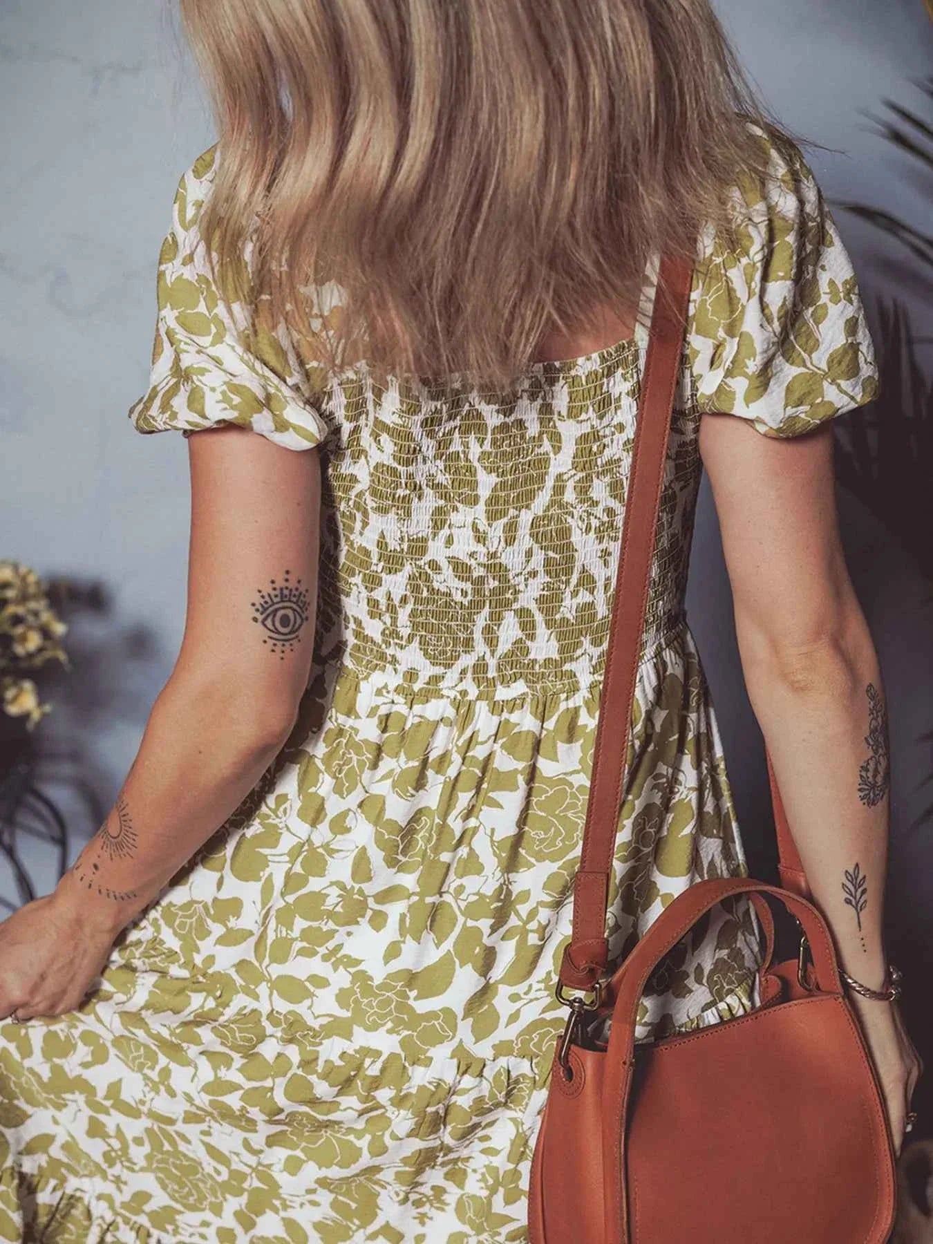 Boho Floral Square Neck Smocked Bust Puff Sleeve Tiered Dress