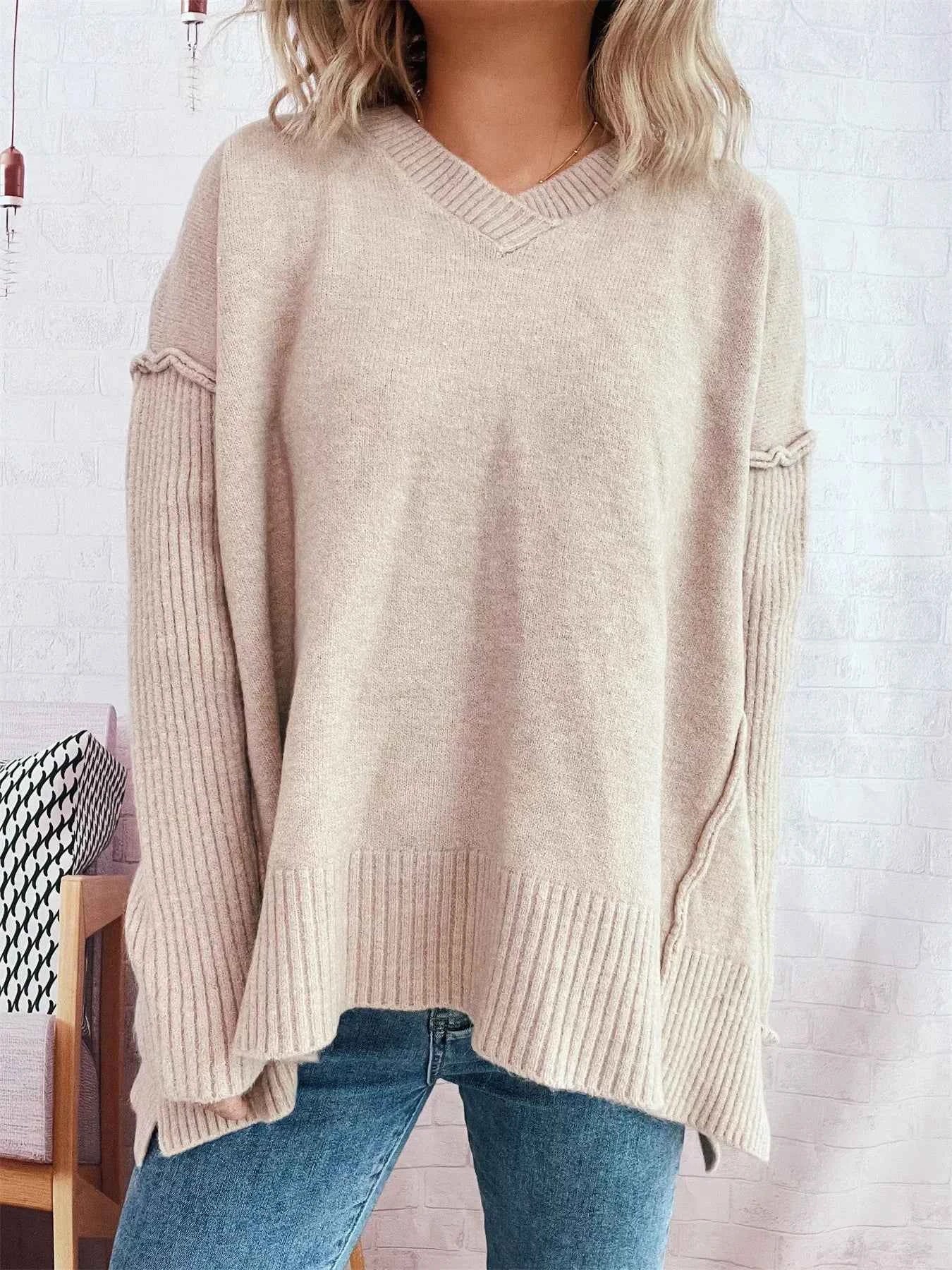 V-Neck Dropped Shoulder Sweater