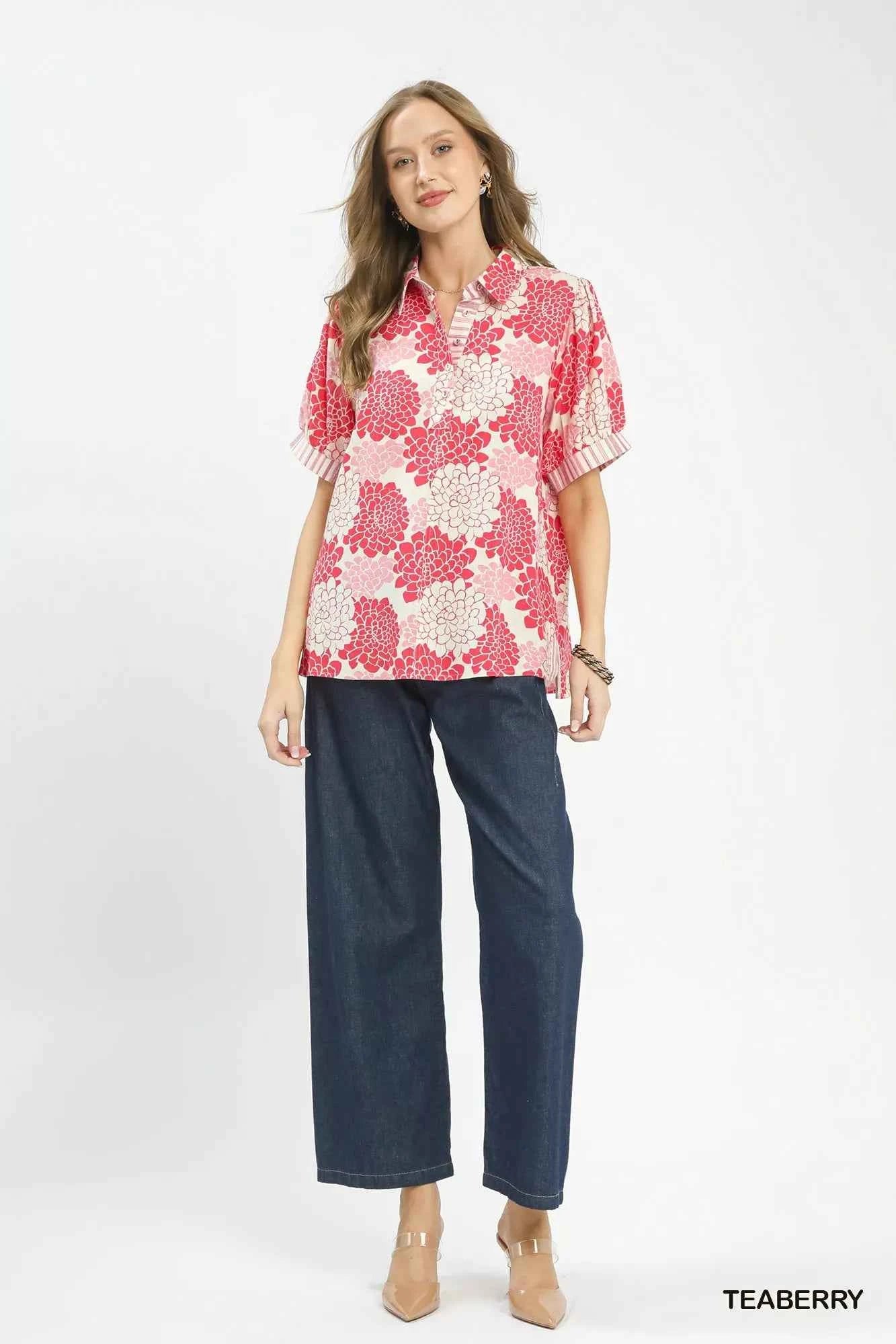 Umgee Floral Collared Short Sleeve Blouse