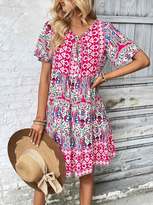 Printed Tie Neck Short Sleeve Dress