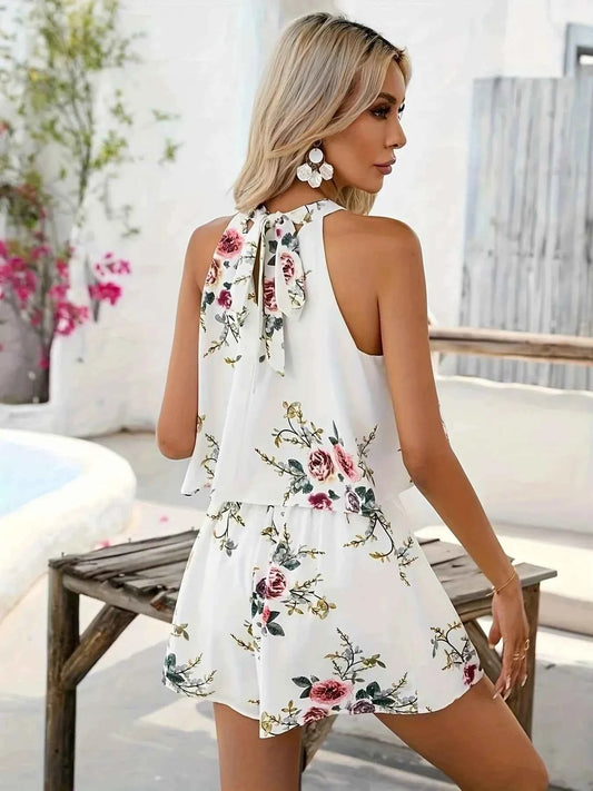 Floral Print Halter Neck Top and Shorts Two-Piece Summer Set