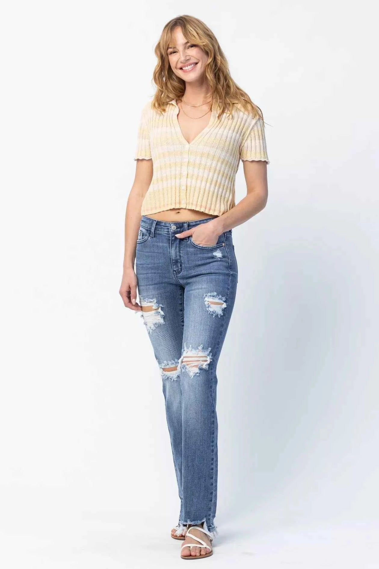Judy Blue Full Size Mid Rise Destroy Straight Jeans Plus Size