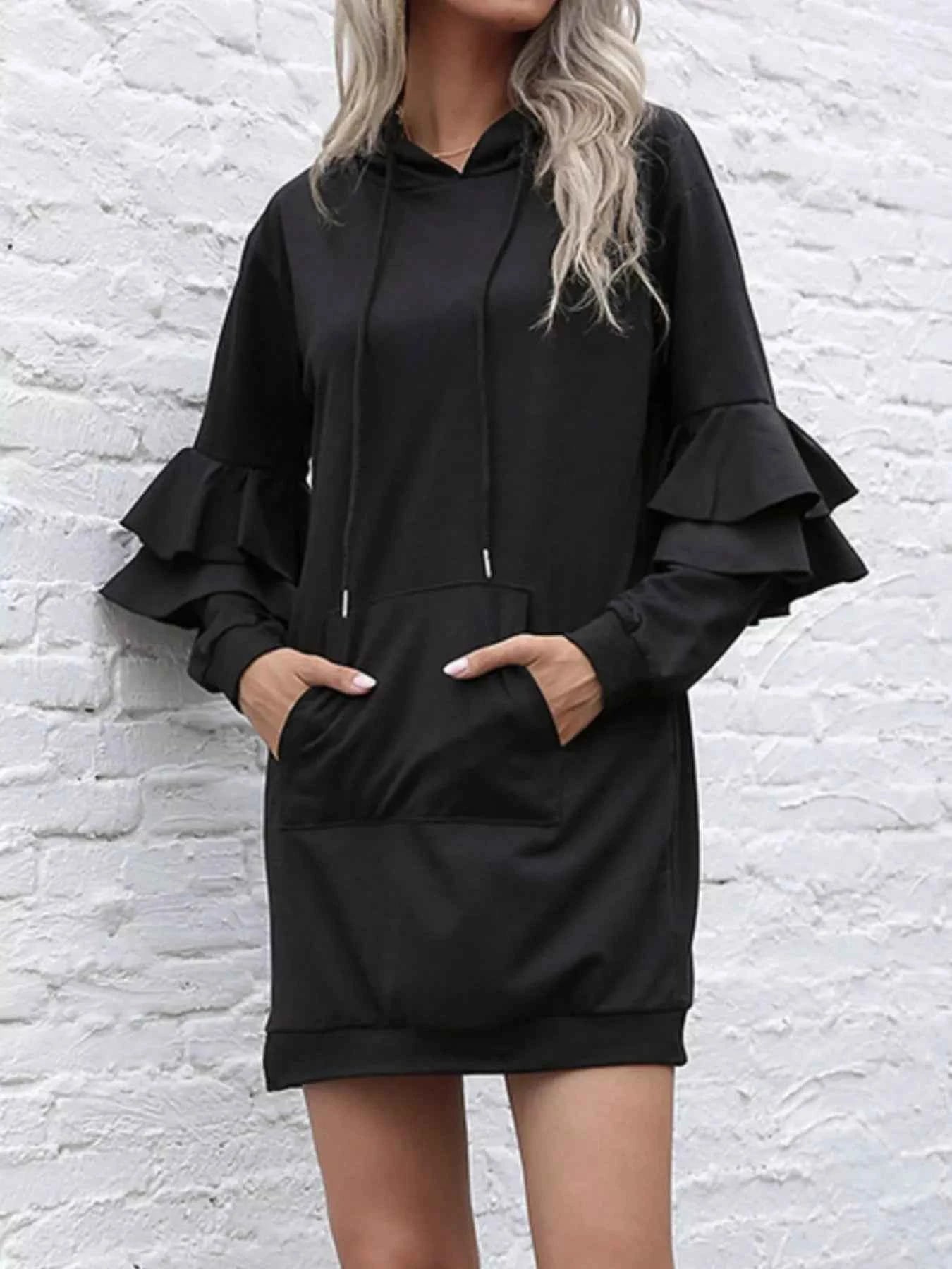 Ruffled Drawstring Long Sleeve Hooded Dress