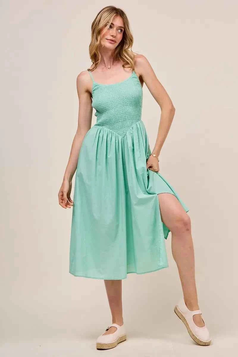 SO ME Smocked Sleeveless Casual Everyday Dress With Slit
