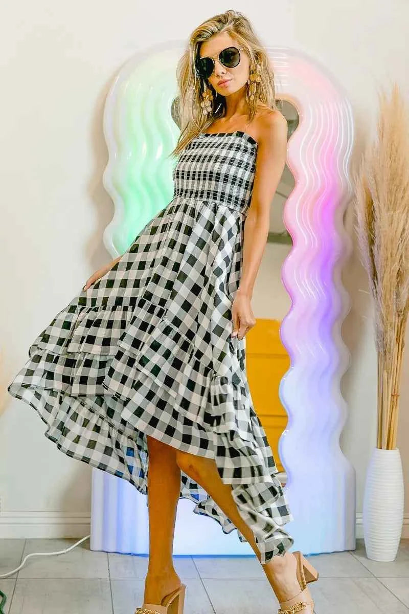BiBi Smocked Body Off Shoulder Check Dress