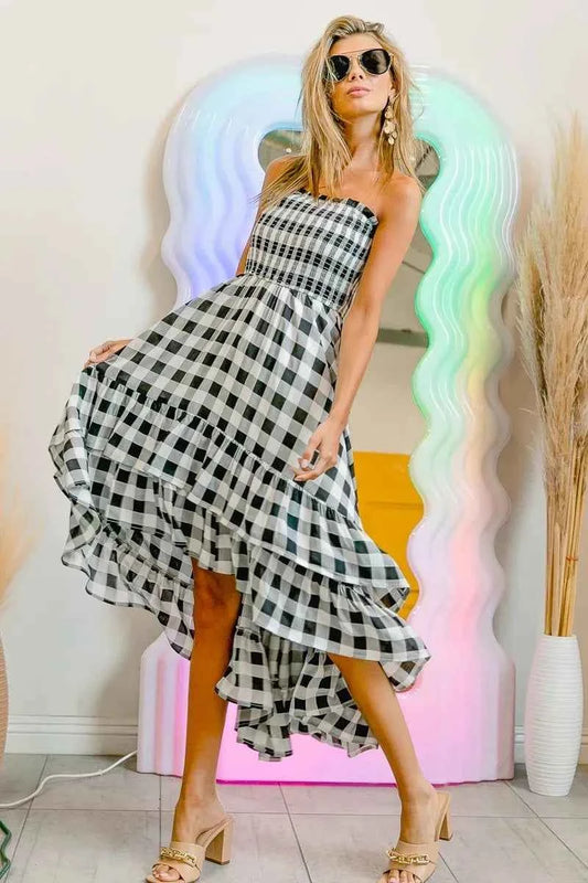 BiBi Smocked Body Off Shoulder Check Dress