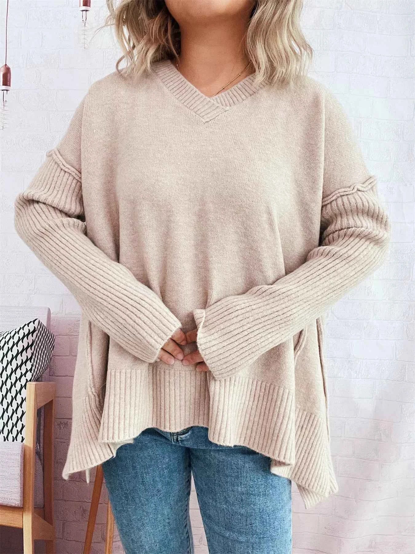 V-Neck Dropped Shoulder Sweater