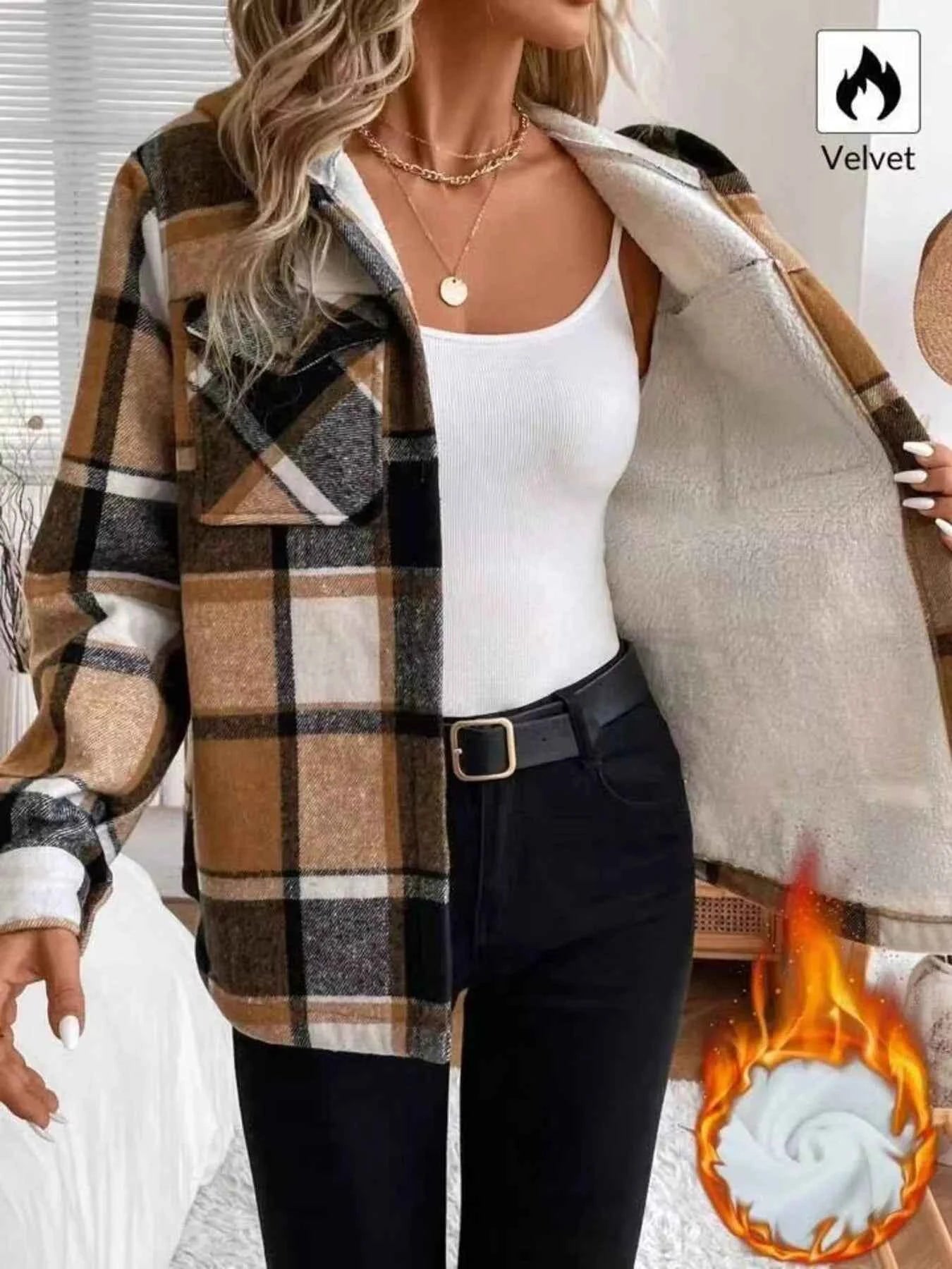 Hooded Plaid Button Up Jacket