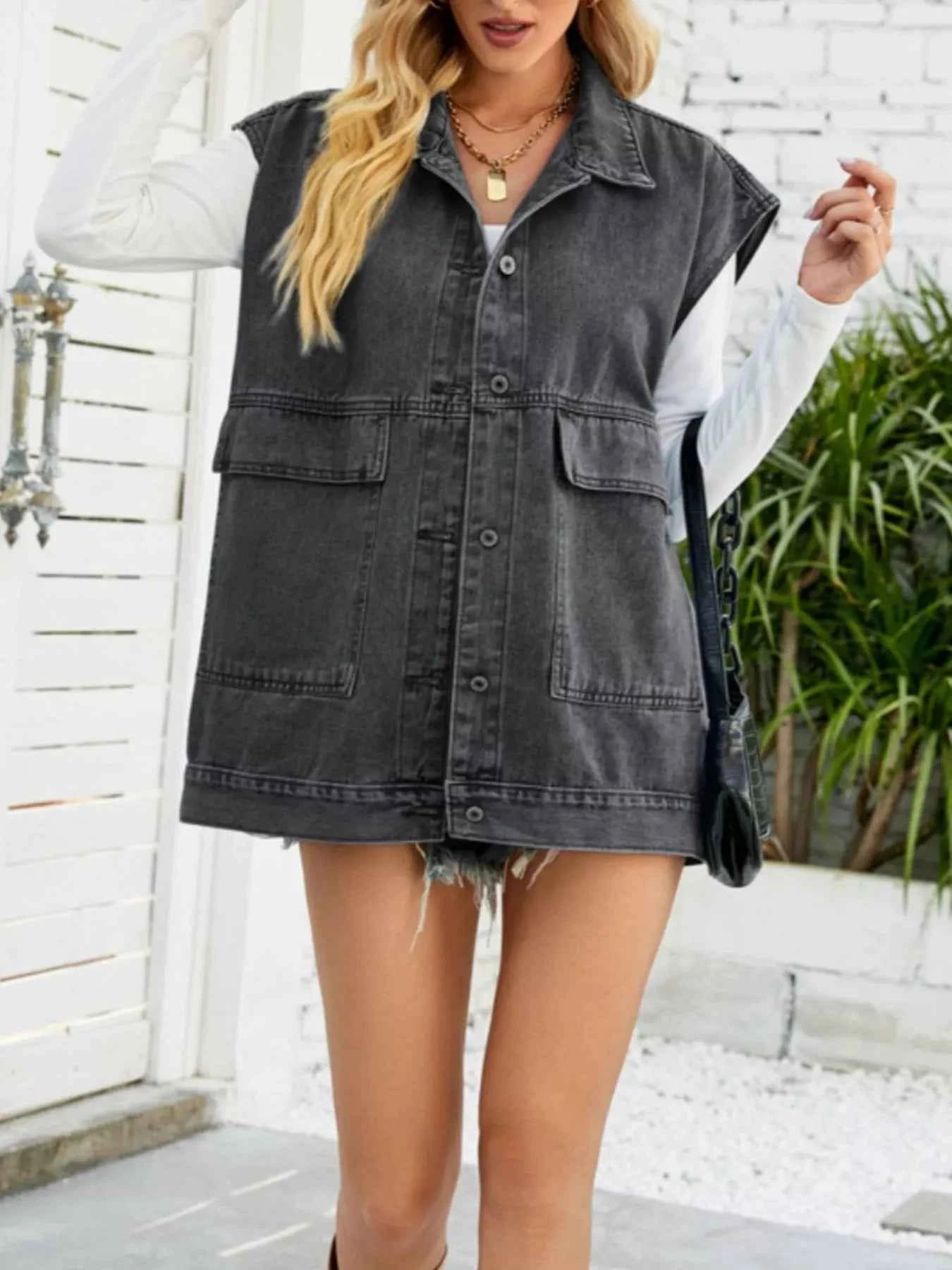 Sleeveless Button-Down Denim Jacket