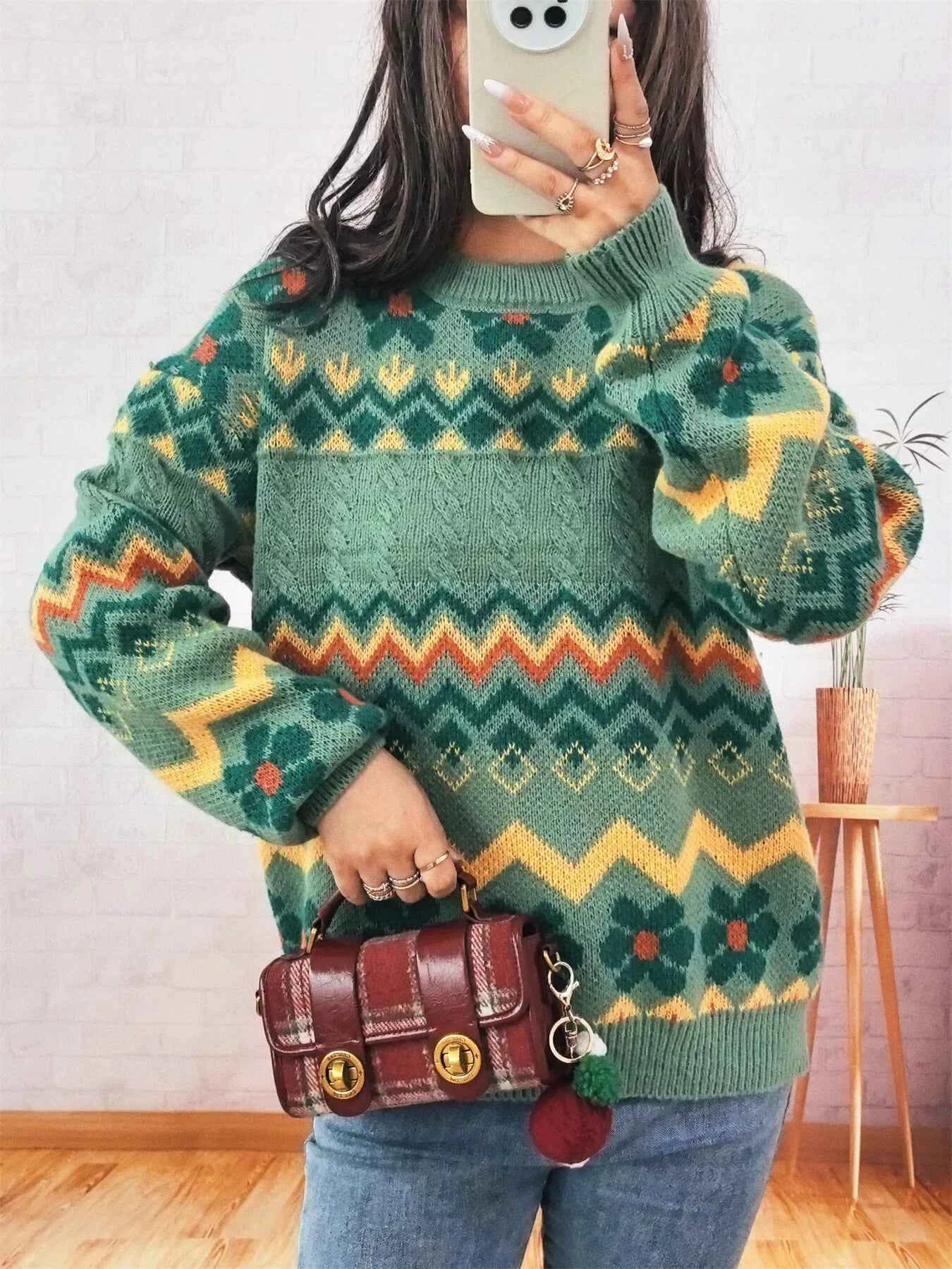 Geometric Round Neck Long Sleeve Sweater