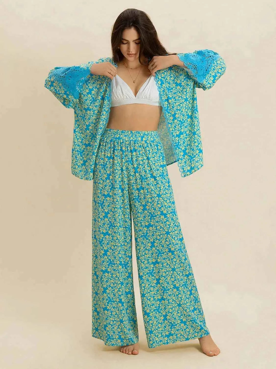 Open Front Printed Top and Pants Set