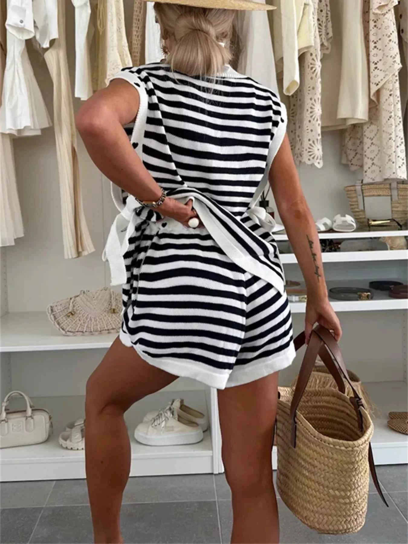 Striped Round Neck Top and Shorts Set