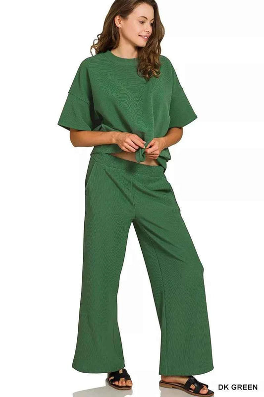 Zenana Ribbed Round Neck Tee & Pants Set
