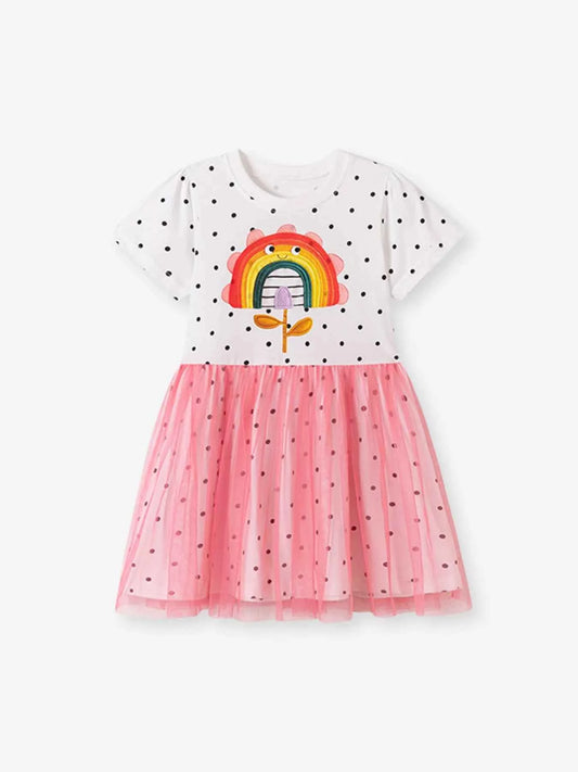 Children's Rainbow Flower Polka Dot Tulle Dress