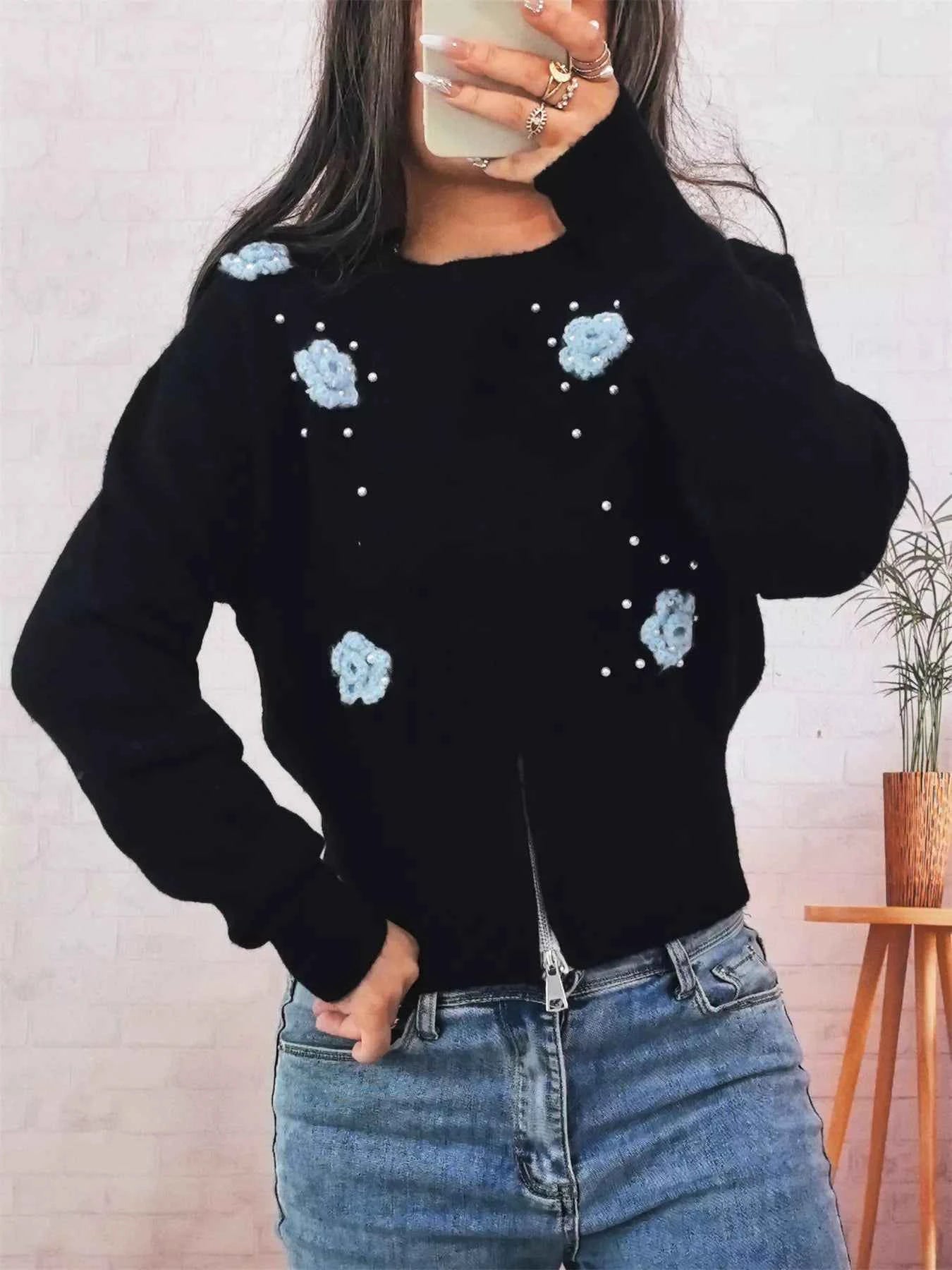 Flower Pearl Detail Ribbed Hem Sweater