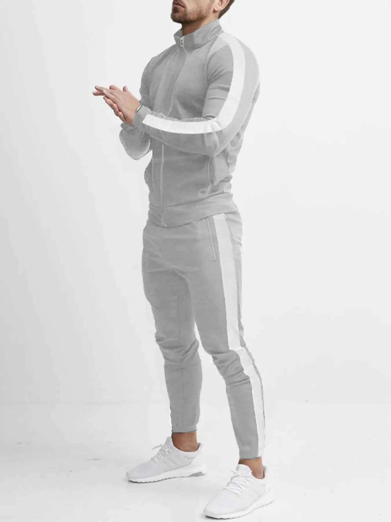 Men's Full Size Side Stripes Zip Up Top and Pants Set Plus Size