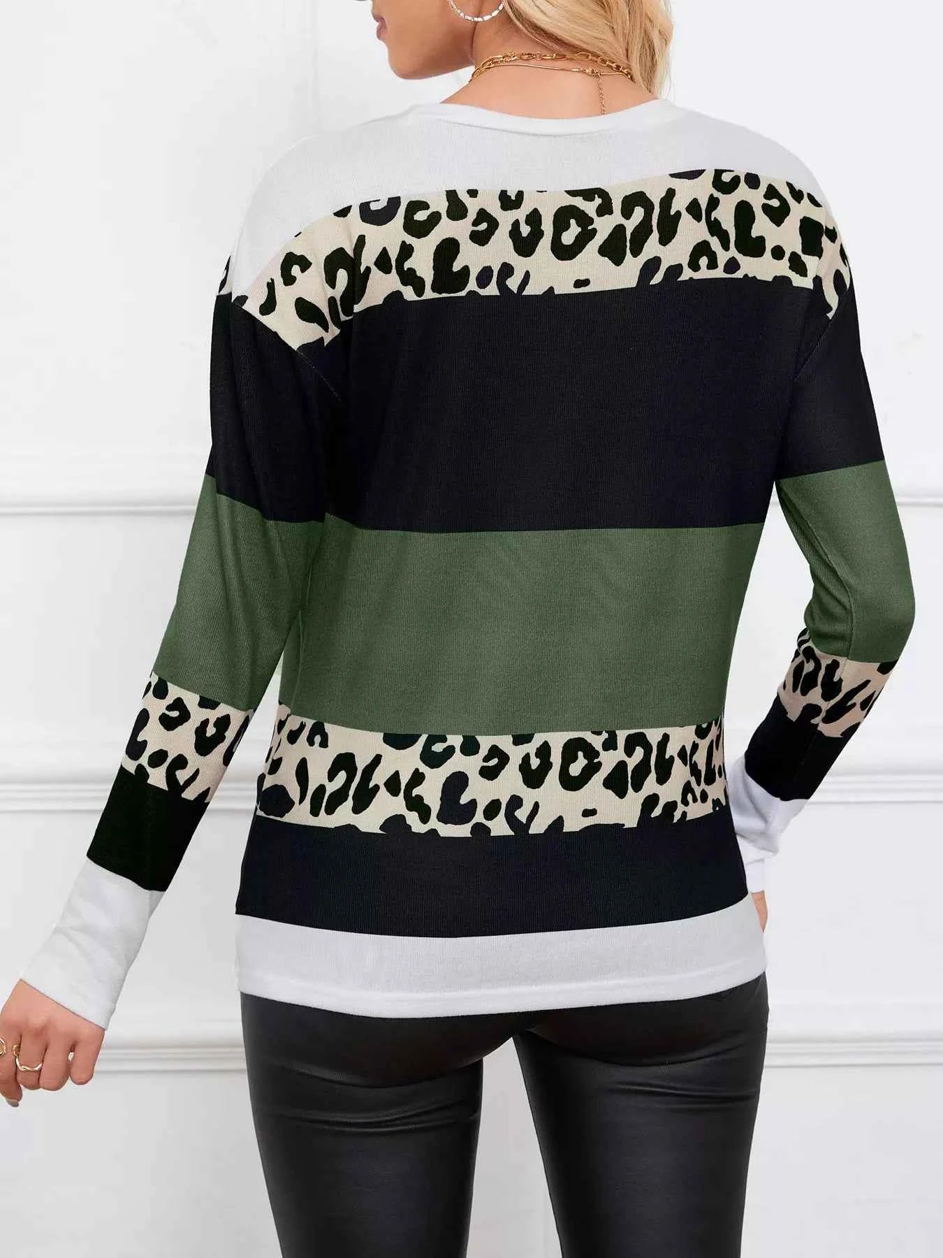 Leopard Color Block Striped Knit Top