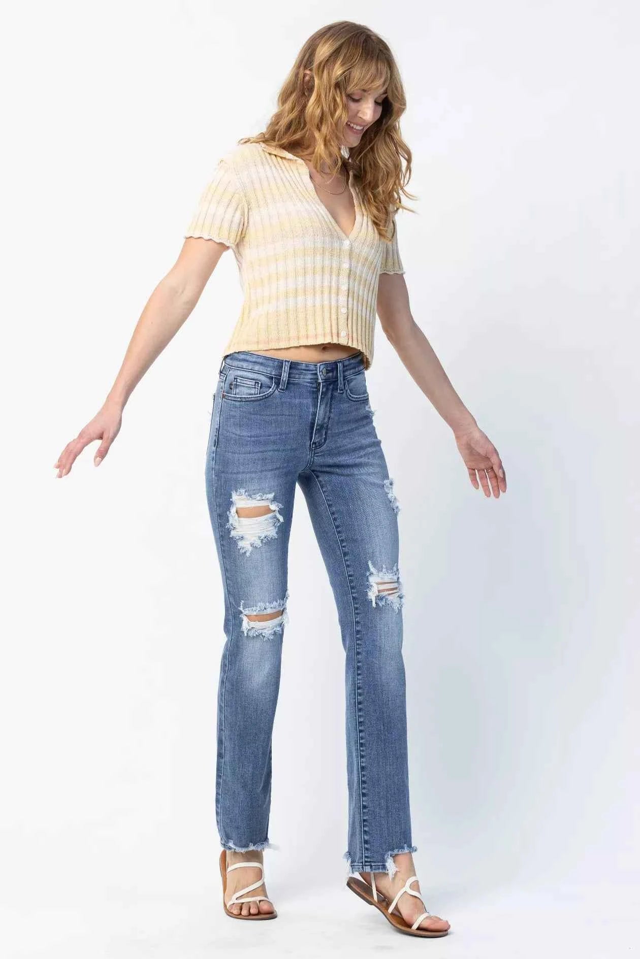 Judy Blue Full Size Mid Rise Destroy Straight Jeans Plus Size