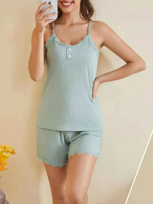 Lace-Trimmed Ribbed Cami and Shorts Lounge Set