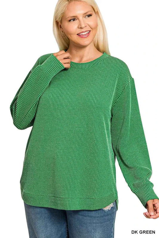 Zenana Full Size Raised Rib Round Neck Long Sleeve Top Plus Size