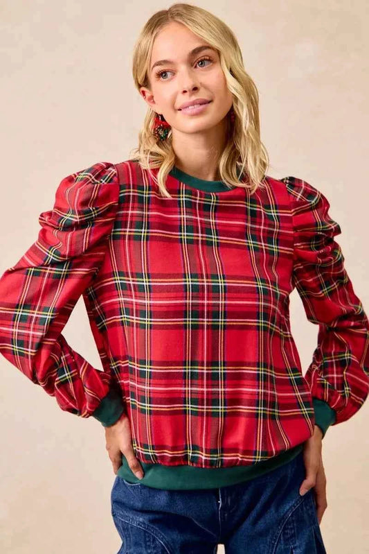 BiBi Christmas Plaid Exaggerated Shoulder Sleeves Top