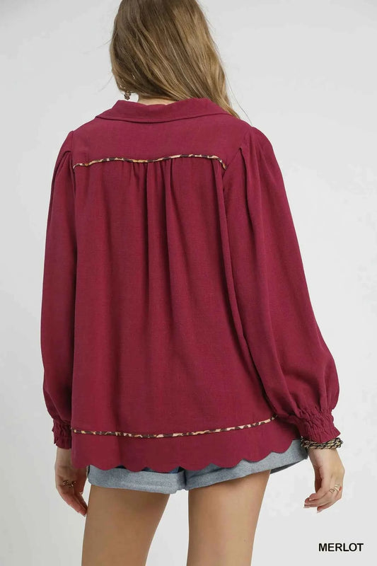 Umgee Full Size Linen Scallop Hem Blouse with Contrast Trim Plus Size