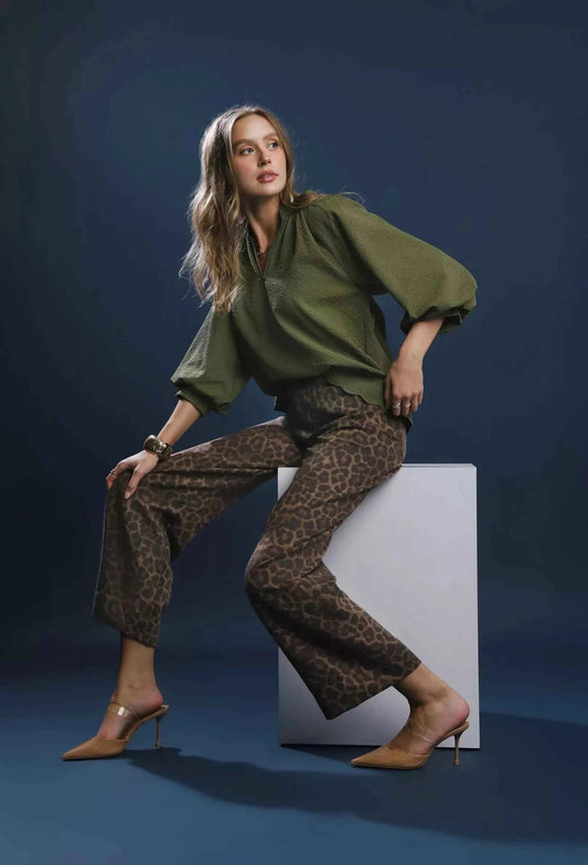 Umgee Full Size Textured Notched Balloon Sleeve Blouse Plus Size