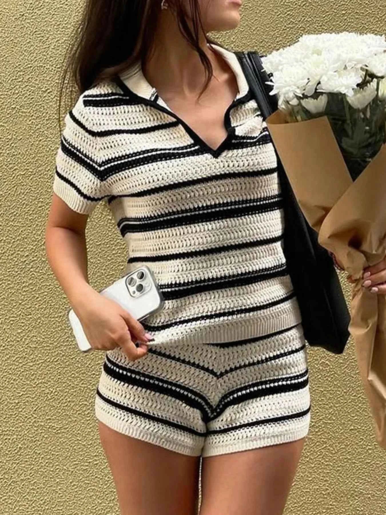 Striped Crochet Top and Shorts Sweater Set