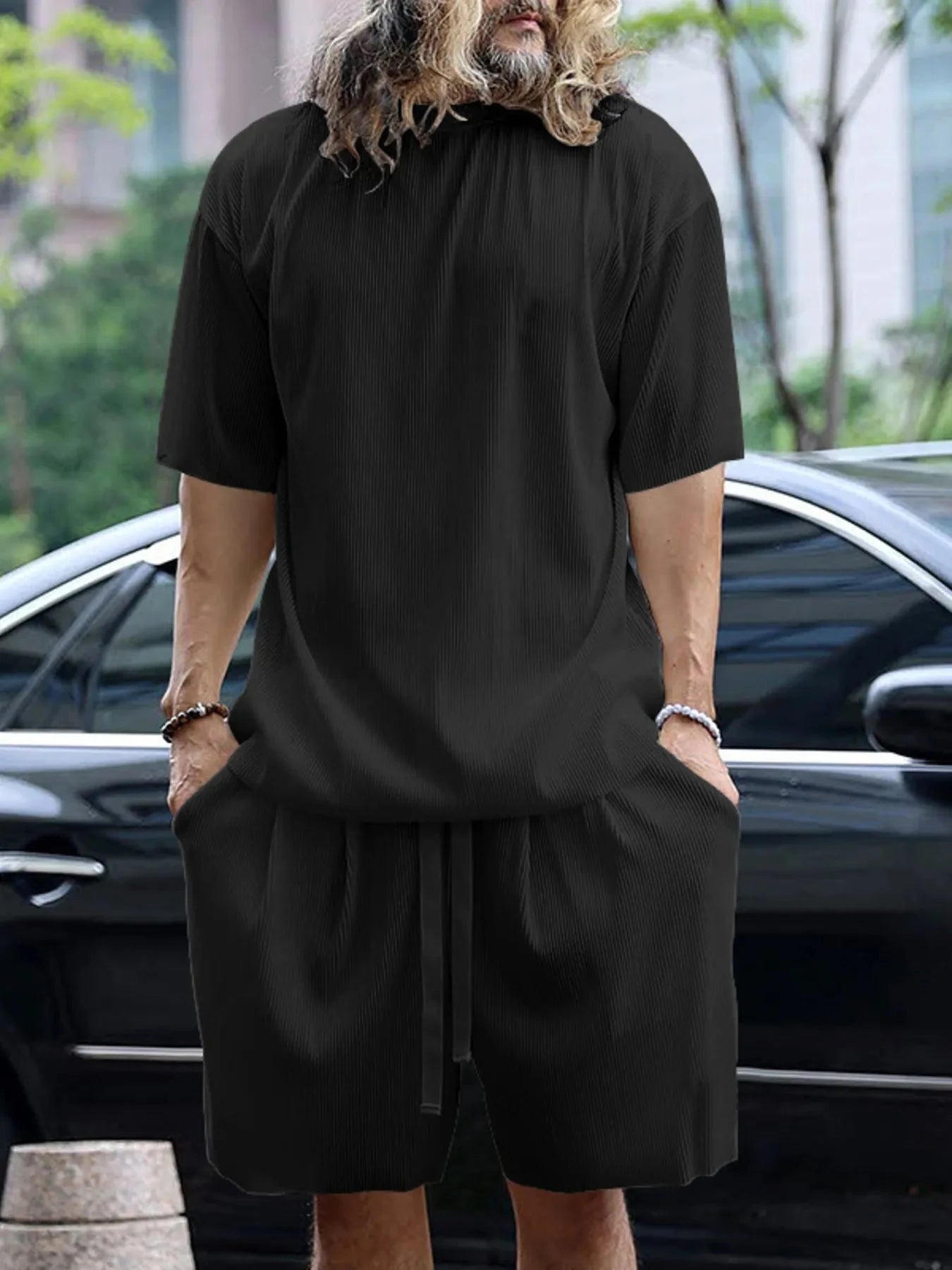 Men's Full Size Round Neck Short Sleeve Top and Shorts Set Plus Size