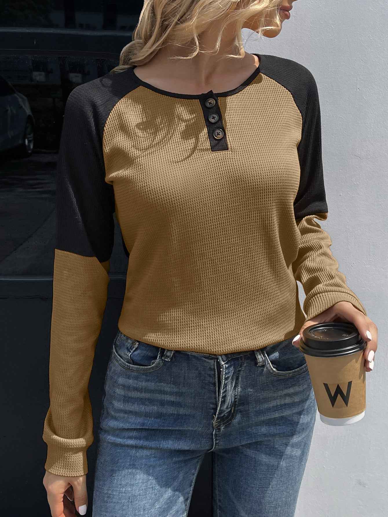 Ivy Lane Contrast Buttoned Round Neck Raglan Sleeve Top