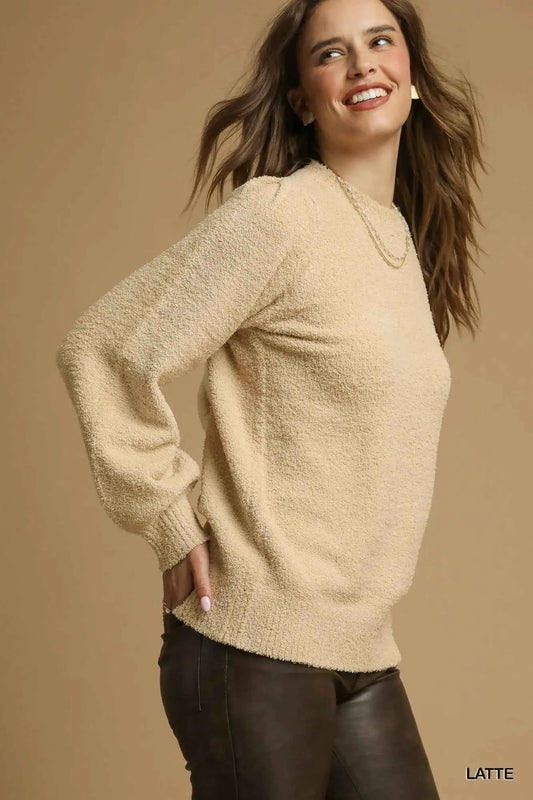 Umgee Textured Long Sleeve Sweater with Ribbed Trim