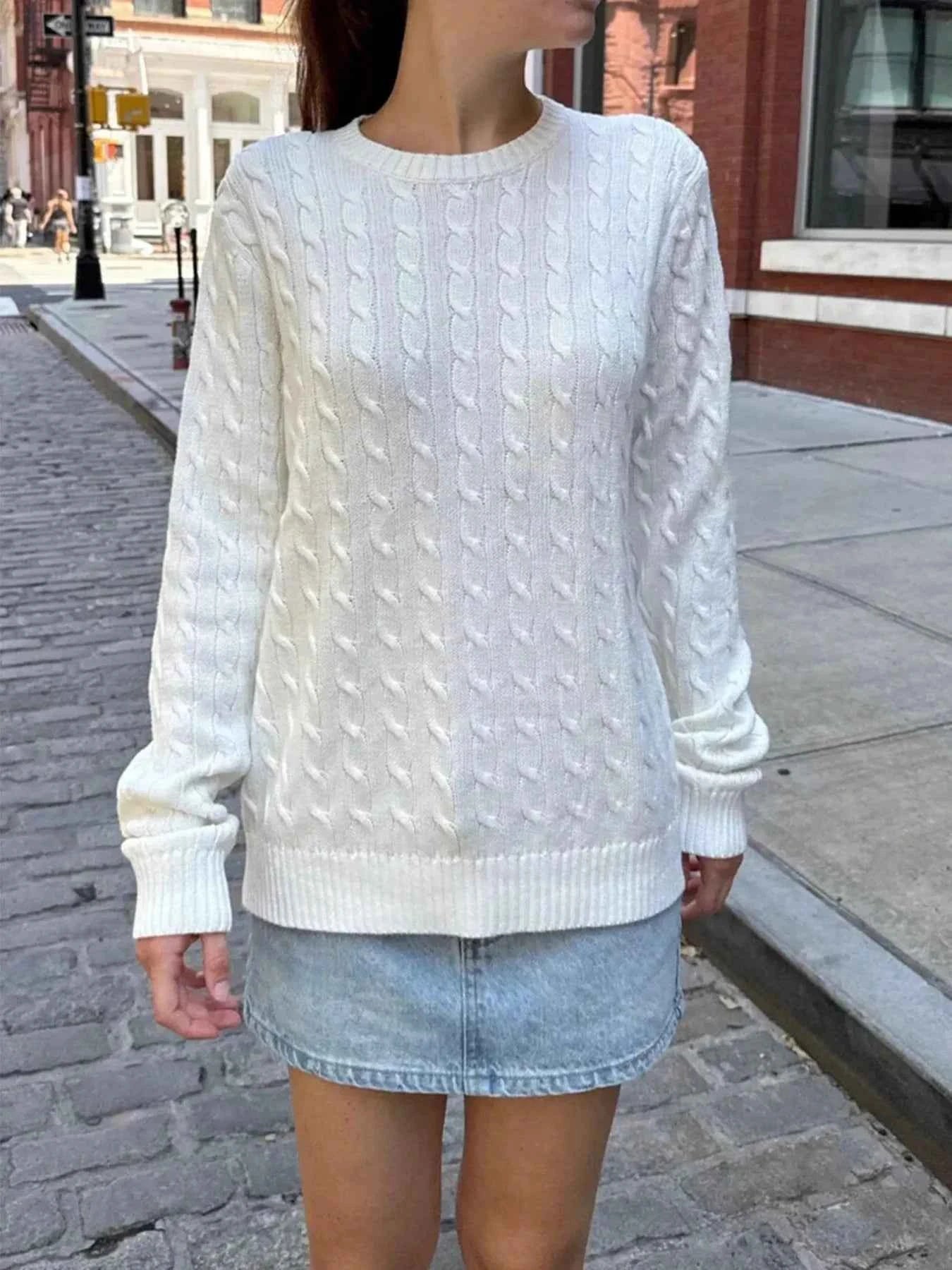 Cable-Knit Round Neck Pullover Sweater