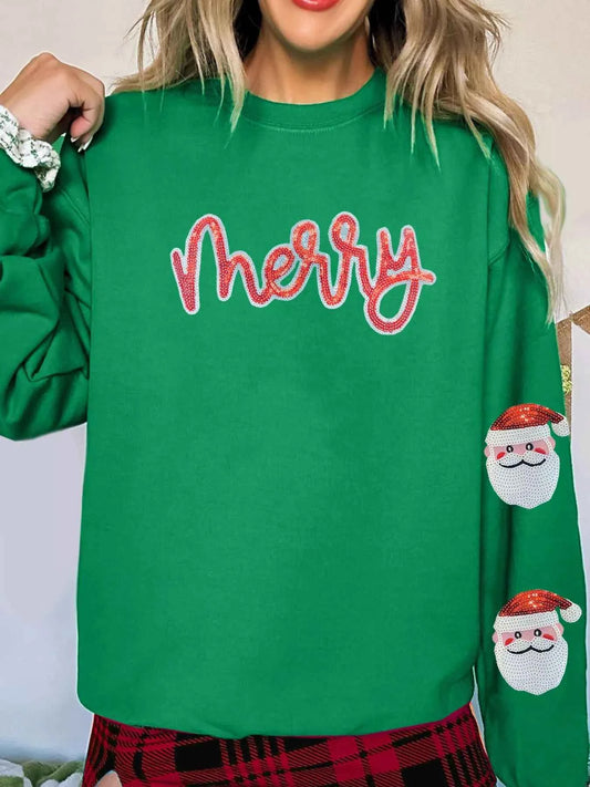 Sequin Letter Graphic Father Christmas Patched Sleeve Drop Shoulder Sweatshirt
