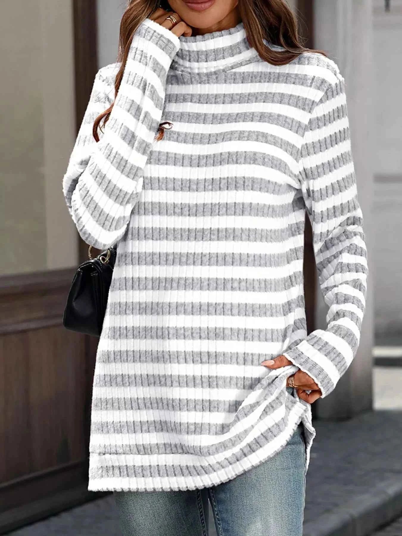 Striped Turtleneck Long Sleeve Knit Top