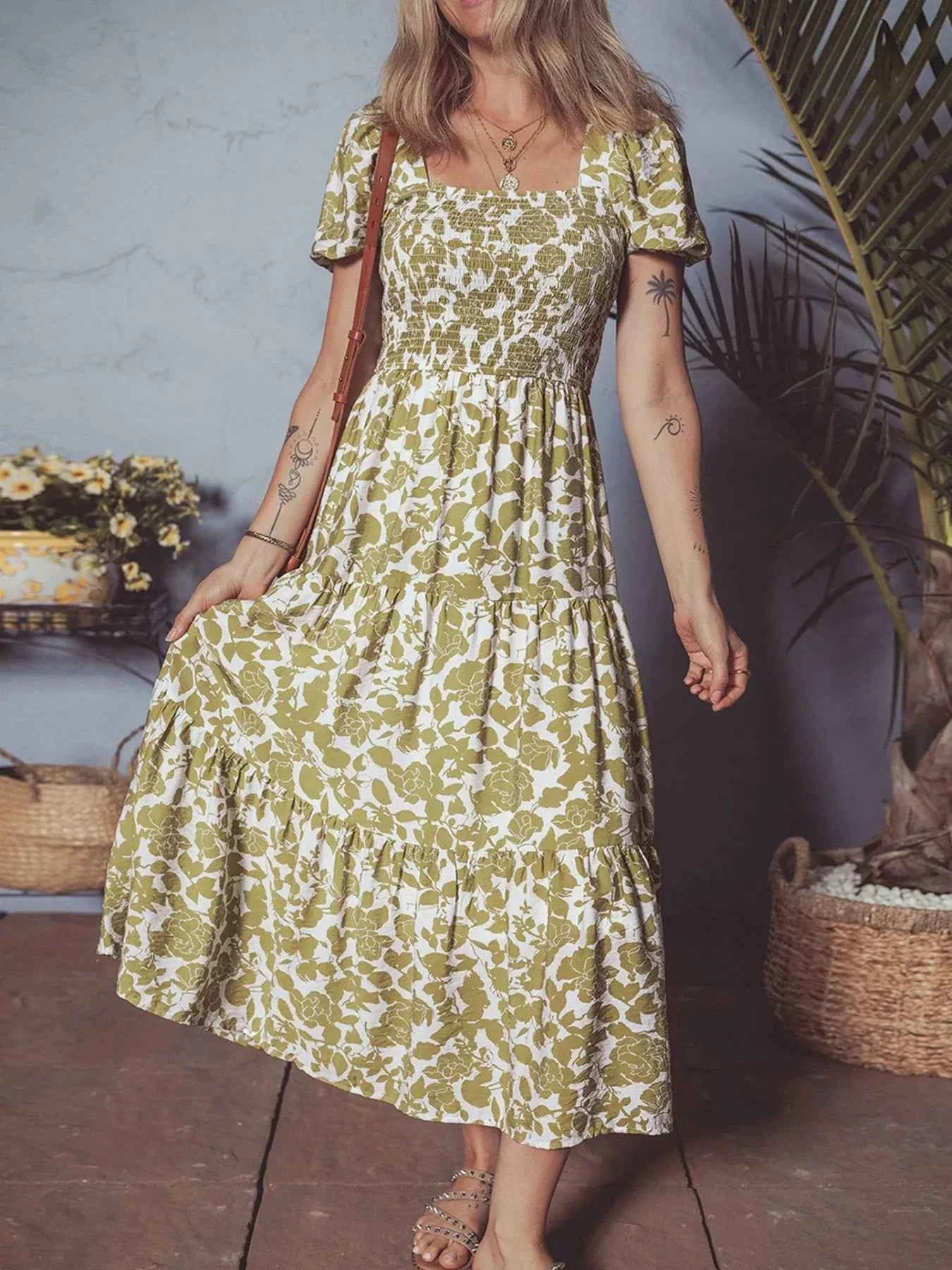 Boho Floral Square Neck Smocked Bust Puff Sleeve Tiered Dress